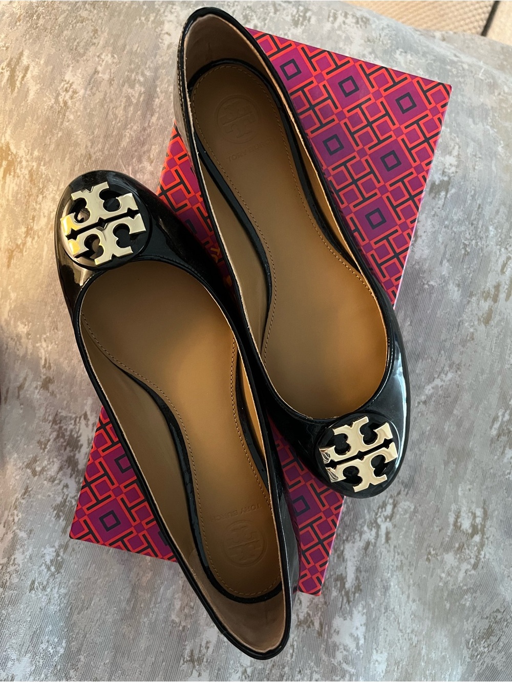 Tory Burch Black Patent Ballet Flats with Gold Logo